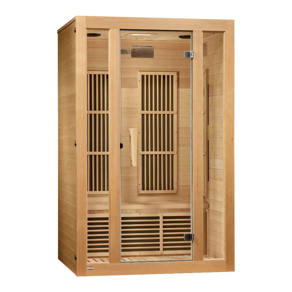 Angled from the left, Golden Designs Maxxus Seattle 2 Person Low EMF Far Infrared Sauna shows its hemlock side wall, glass door and side carbon panels