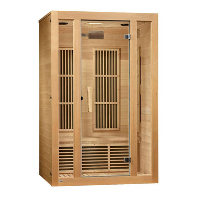 Angled from the left, Golden Designs Maxxus Seattle 2 Person Low EMF Far Infrared Sauna shows its hemlock side wall, glass door and side carbon panels