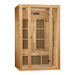 Angled from the left, Golden Designs Maxxus Seattle 2 Person Low EMF Far Infrared Sauna shows its hemlock side wall, glass door and side carbon panels