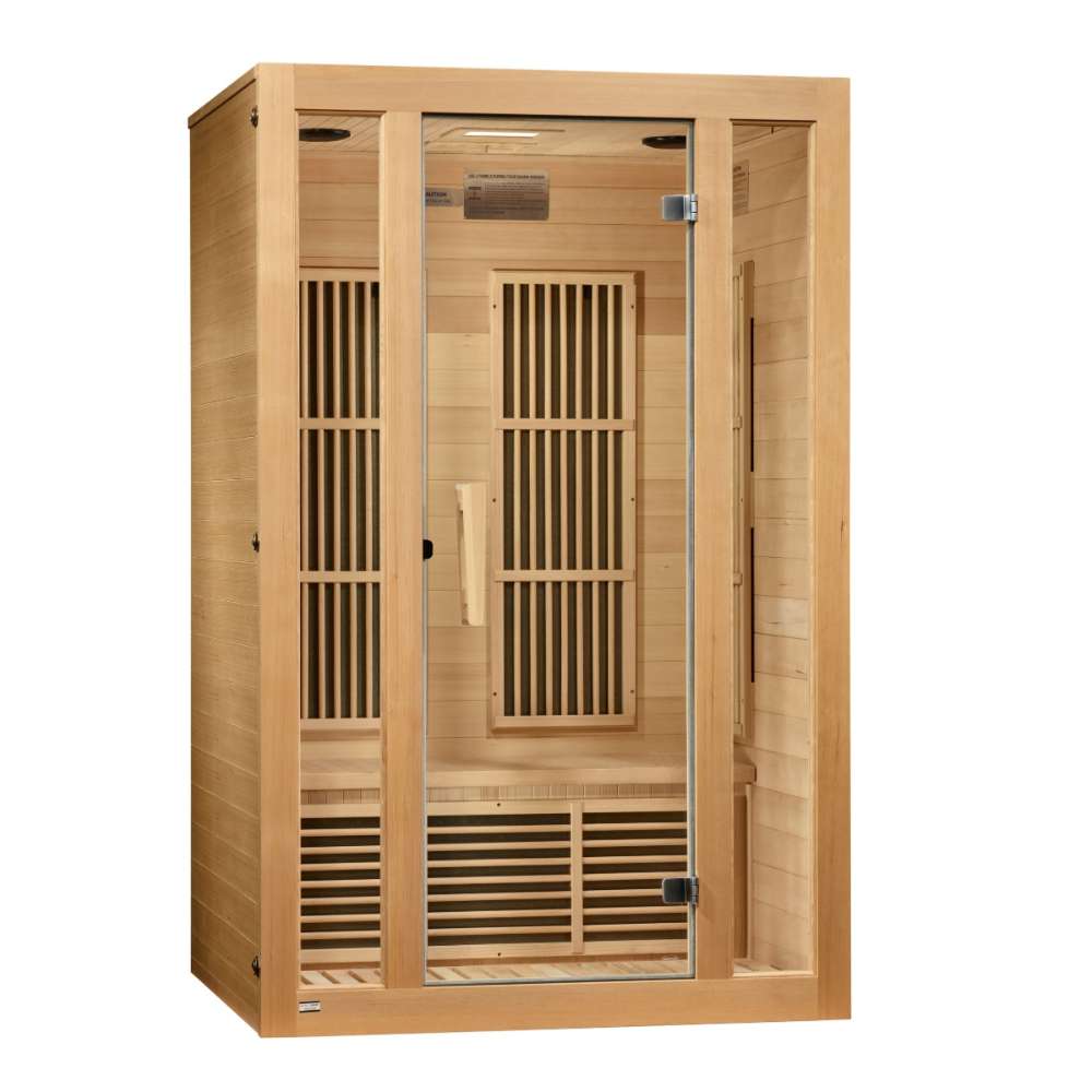 Angled from the left, Golden Designs Maxxus Seattle 2 Person Near Zero EMF Far Infrared Sauna shows its hemlock side wall, glass door and carbon panels