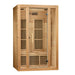 Angled from the left, Golden Designs Maxxus Seattle 2 Person Near Zero EMF Far Infrared Sauna shows its hemlock side wall, glass door and carbon panels