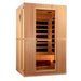 Angled from the left, Golden Designs Maxxus Serenity Dual Tech 2 Person Low EMF Far Infrared Sauna shows its hemlock side wall, glass door and glowing bench heater