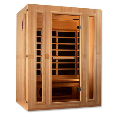 Angled from the left, Golden Designs Maxxus Trinity Dual Tech 3 Person Low EMF Far Infrared Sauna shows its hemlock side wall, glass door and carbon panels