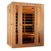 Angled from the left, Golden Designs Maxxus Trinity Dual Tech 3 Person Low EMF Far Infrared Sauna shows its hemlock side wall, glass door and carbon panels