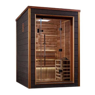 Angled from the left, Golden Designs Narvik 2 Person Outdoor-Indoor Traditional Sauna shows its dark side wall, glass front and lit cedar benches