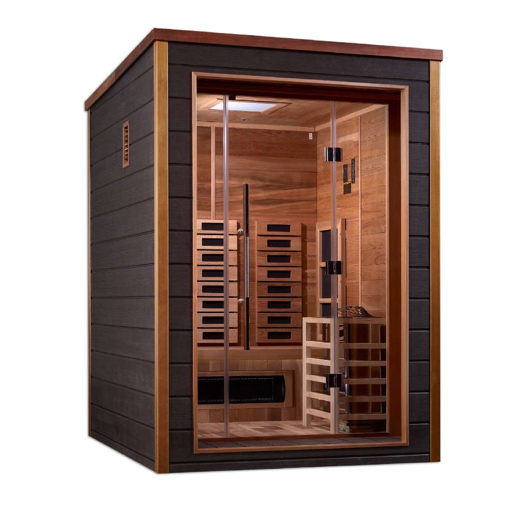 Angled from the left, Golden Designs Nora 2 Person Outdoor-Indoor PureTech Hybrid Full Spectrum Sauna shows its dark side wall with a vent, glass front and cedar interior