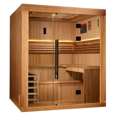 Angled from the left, Golden Designs Osla 6 Person Traditional Sauna shows its glass front with a tall black handle and cedar benches inside