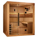 Angled from the left, Golden Designs Osla 6 Person Traditional Sauna shows its glass front with a tall black handle and cedar benches inside
