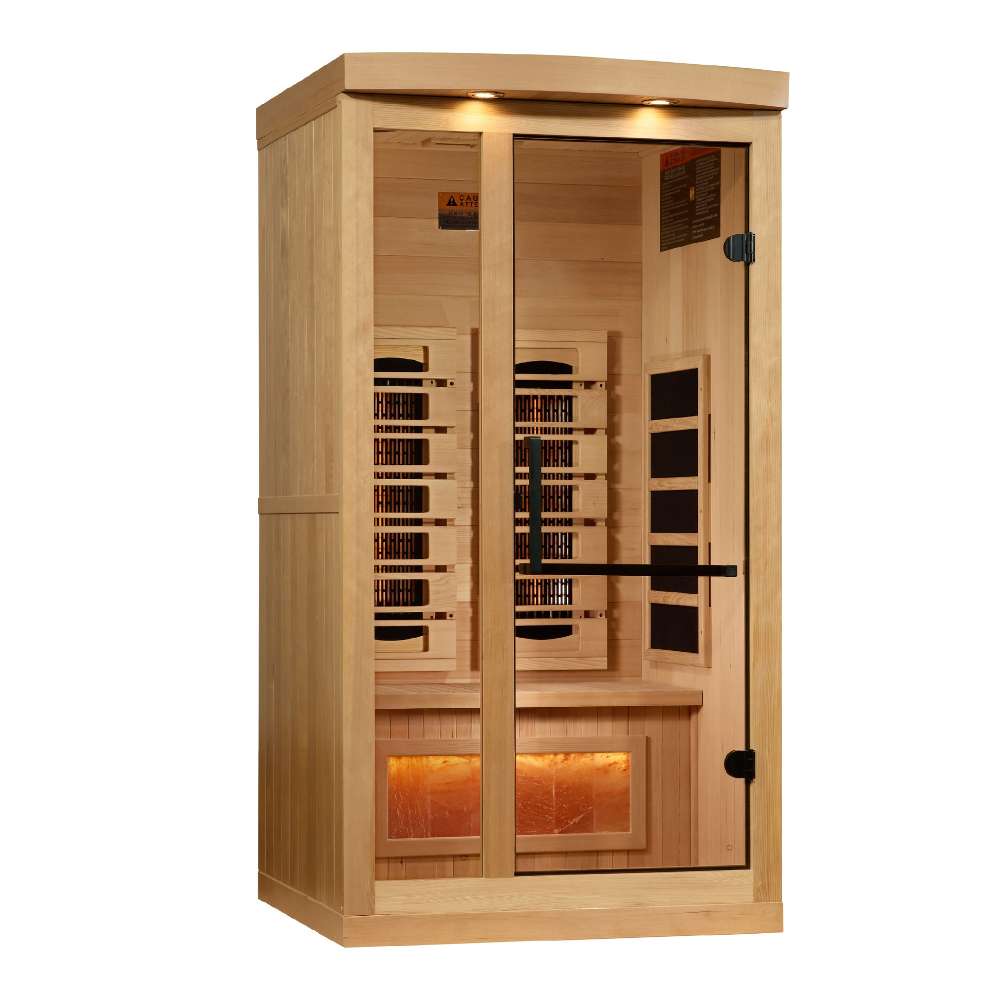 Angled from the left, Golden Designs Reserve Edition 1 Person Full Spectrum Sauna with Himalayan Salt Bar shows its hemlock side wall, glass door and glowing salt bar