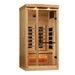 Angled from the left, Golden Designs Reserve Edition 1 Person Full Spectrum Sauna with Himalayan Salt Bar shows its hemlock side wall, glass door and glowing salt bar
