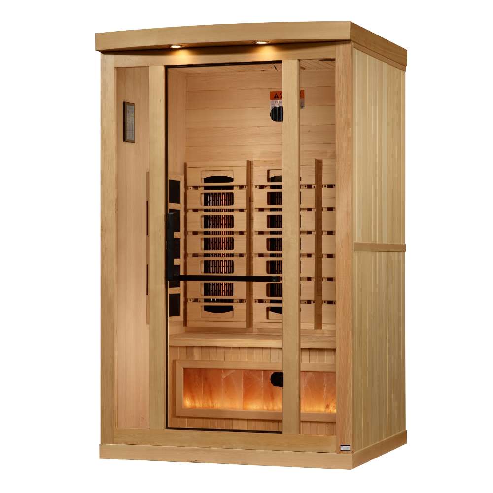 Angled from the left, Golden Designs Reserve Edition 2 Person Full Spectrum Sauna with Himalayan Salt Bar shows a vertical side heater, glass door and glowing salt bar