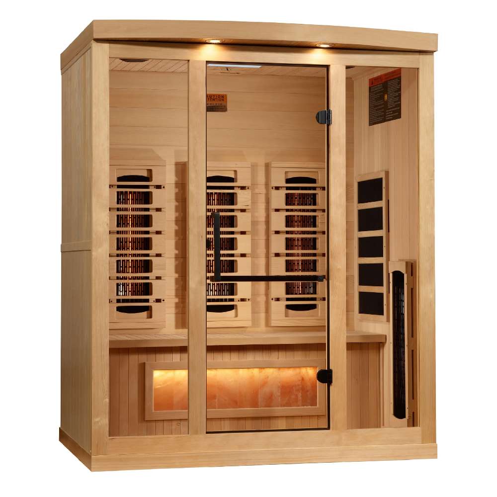 Angled from the left, Golden Designs Reserve Edition 3 Person Full Spectrum Sauna with Himalayan Salt Bar shows its glass door with a black handle, a vertical side heater and a glowing salt bar