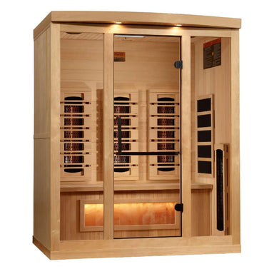 Angled from the left, Golden Designs Reserve Edition 3 Person Full Spectrum Sauna with Himalayan Salt Bar shows its glass door with a black handle, a vertical side heater and a glowing salt bar