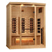Angled from the left, Golden Designs Reserve Edition 3 Person Full Spectrum Sauna with Himalayan Salt Bar shows its glass door with a black handle, a vertical side heater and a glowing salt bar