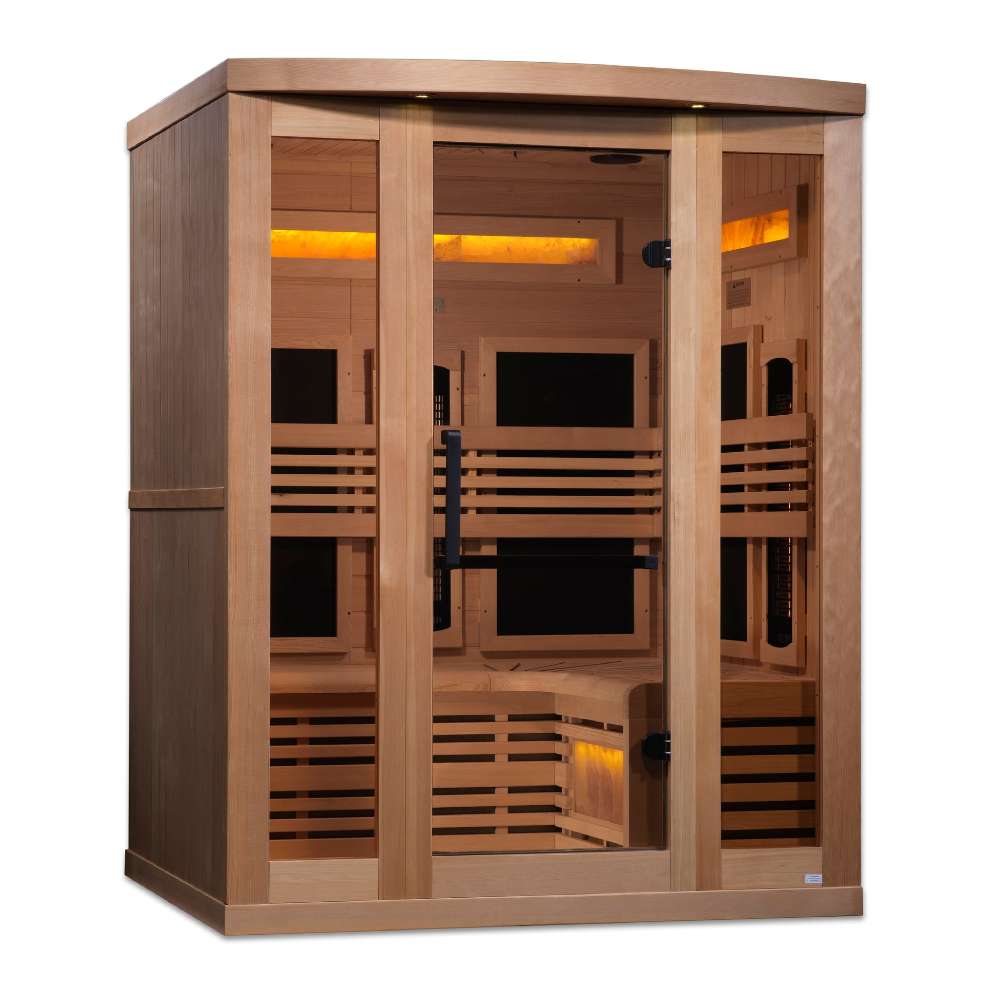 Angled from the left, Golden Designs Reserve Edition 3 Person Near Zero EMF Full Spectrum Sauna with Himalayan Salt Bar shows a glowing salt bar above carbon panels and a lit L-shaped bench