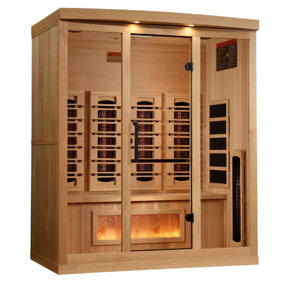 Angled from the left, Golden Designs Reserve Edition 4 Person Full Spectrum Sauna with Himalayan Salt Bar shows its hemlock side wall, glass door and glowing salt bar