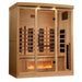 Angled from the left, Golden Designs Reserve Edition 4 Person Full Spectrum Sauna with Himalayan Salt Bar shows its hemlock side wall, glass door and glowing salt bar