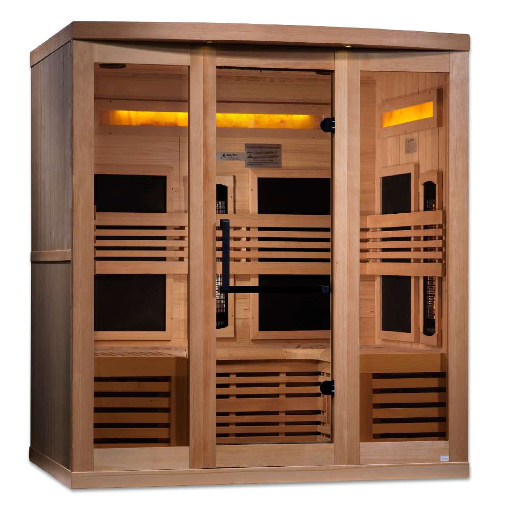 Angled from the left, Golden Designs Reserve Edition 6 Person Near Zero EMF Full Spectrum Sauna with Himalayan Salt Bar displays its tall glass door with a black handle and black heater panels behind the bench