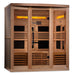 Angled from the left, Golden Designs Reserve Edition 6 Person Near Zero EMF Full Spectrum Sauna with Himalayan Salt Bar displays its tall glass door with a black handle and black heater panels behind the bench