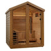 Angled from the left, Golden Designs Savonlinna 3 Person Barn Outdoor Traditional Sauna shows its cedar side wall with a small window and glass front