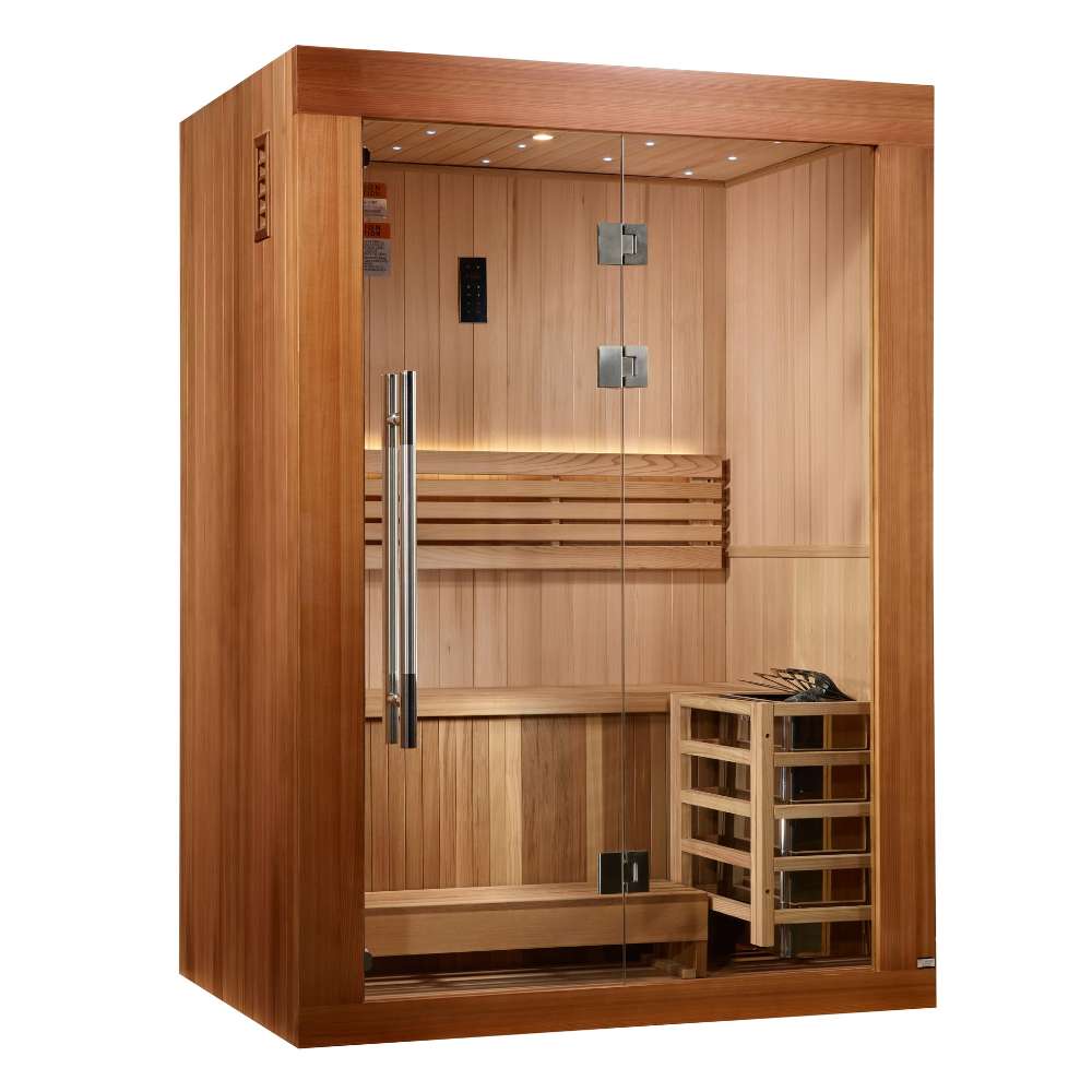 Angled from the left, Golden Designs Sundsvall 2 Person Traditional Sauna shows its cedar side wall, glass front and the guarded stove beside the bench