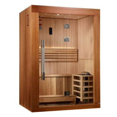 Angled from the left, Golden Designs Sundsvall 2 Person Traditional Sauna shows its cedar side wall, glass front and the guarded stove beside the bench