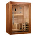 Angled from the left, Golden Designs Sundsvall 2 Person Traditional Sauna shows its cedar side wall, glass front and the guarded stove beside the bench
