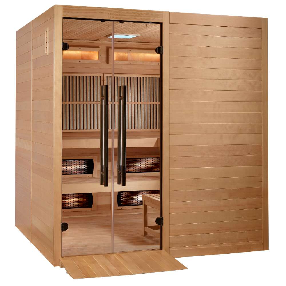 Angled from the left, Golden Designs Toledo 6 Person Indoor Hybrid Sauna with Full Spectrum IR and Harvia Stove shows a wooden wheelchair ramp at its glass double doors and a bench inside