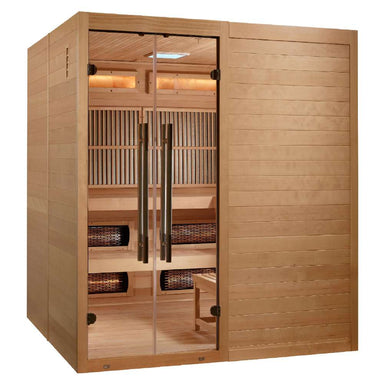 Angled from the left, Golden Designs Toledo 6 Person Indoor Hybrid Sauna with Full Spectrum IR and Harvia Stove shows its hemlock side wall, glass double doors and glowing heaters
