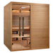 Angled from the left, Golden Designs Toledo 6 Person Indoor Hybrid Sauna with Full Spectrum IR and Harvia Stove shows its hemlock side wall, glass double doors and glowing heaters