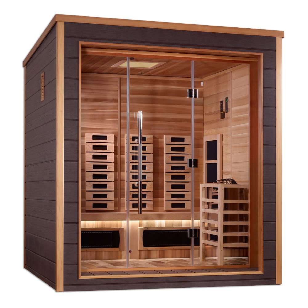 Angled from the left, Golden Designs Visby 3 Person Outdoor-Indoor PureTech Hybrid Full Spectrum Sauna shows its dark gray side wall with a small window and a cedar-lined interior