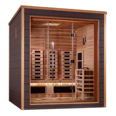 Angled from the left, Golden Designs Visby 3 Person Outdoor-Indoor PureTech Hybrid Full Spectrum Sauna shows its dark gray side wall with a small window and a cedar-lined interior