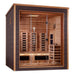 Angled from the left, Golden Designs Visby 3 Person Outdoor-Indoor PureTech Hybrid Full Spectrum Sauna shows its dark gray side wall with a small window and a cedar-lined interior