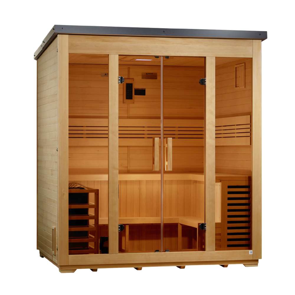 Angled from the left, Golden Designs Vorarlberg 5 Person Traditional Flat Roof Outdoor Sauna shows its hemlock side wall, black flat roof and glass front with benches inside