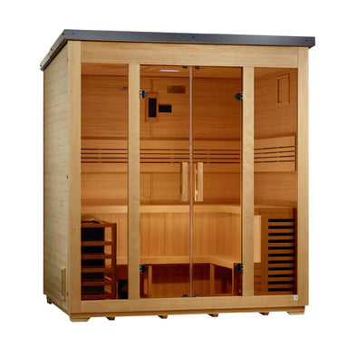 Angled from the left, Golden Designs Vorarlberg 5 Person Traditional Flat Roof Outdoor Sauna shows its hemlock side wall, black flat roof and glass front with benches inside
