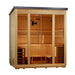 Angled from the left, Golden Designs Vorarlberg 5 Person Traditional Flat Roof Outdoor Sauna shows its hemlock side wall, black flat roof and glass front with benches inside