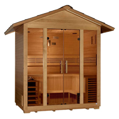Angled from the left, Golden Designs Vorarlberg 5 Person Traditional Outdoor Sauna shows its hemlock side wall, gabled roof and glass double doors