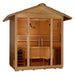 Angled from the left, Golden Designs Vorarlberg 5 Person Traditional Outdoor Sauna shows its hemlock side wall, gabled roof and glass double doors