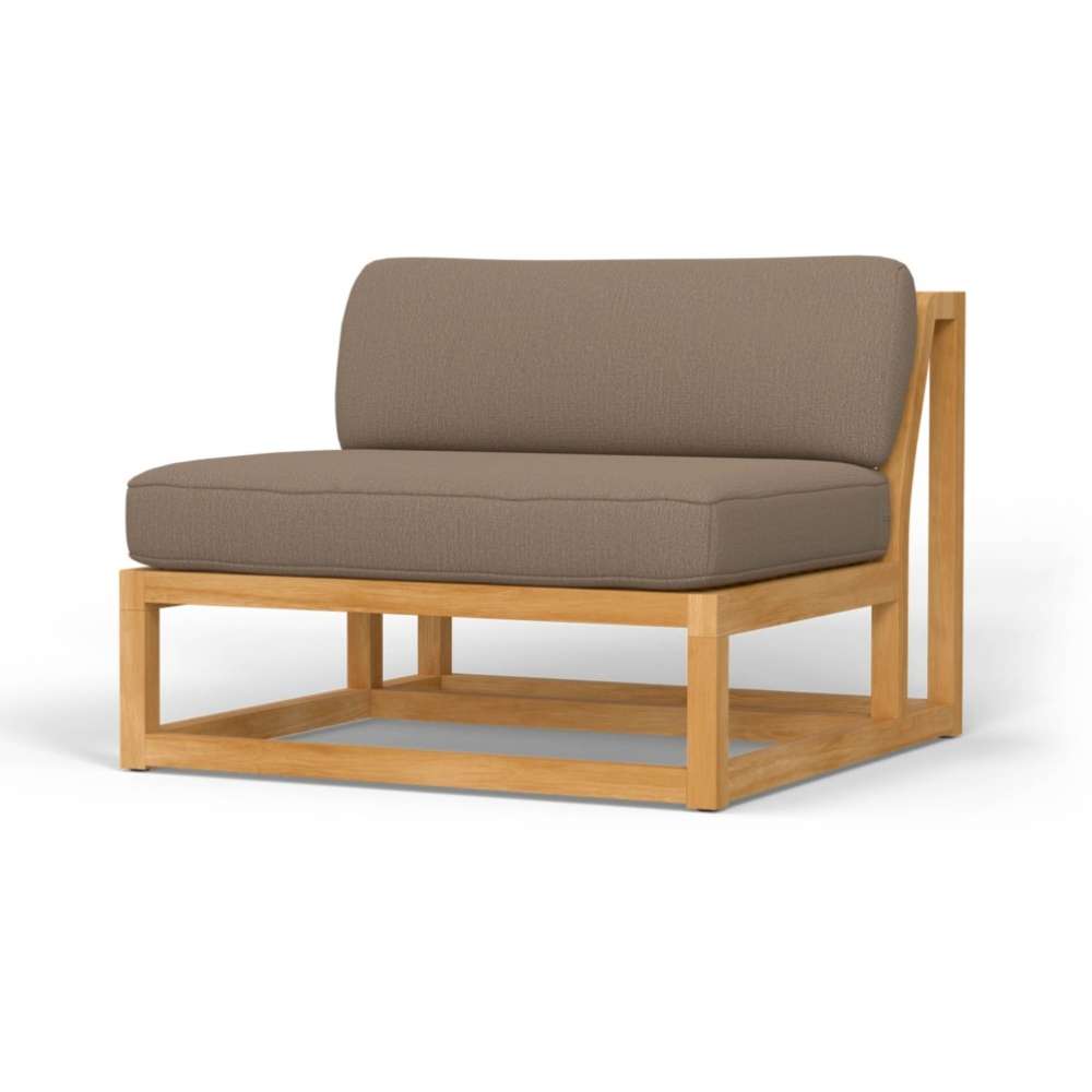 Angled front view displays Westminster Teak Maya Slipper Chair with thick seat and back cushions on a clean white background