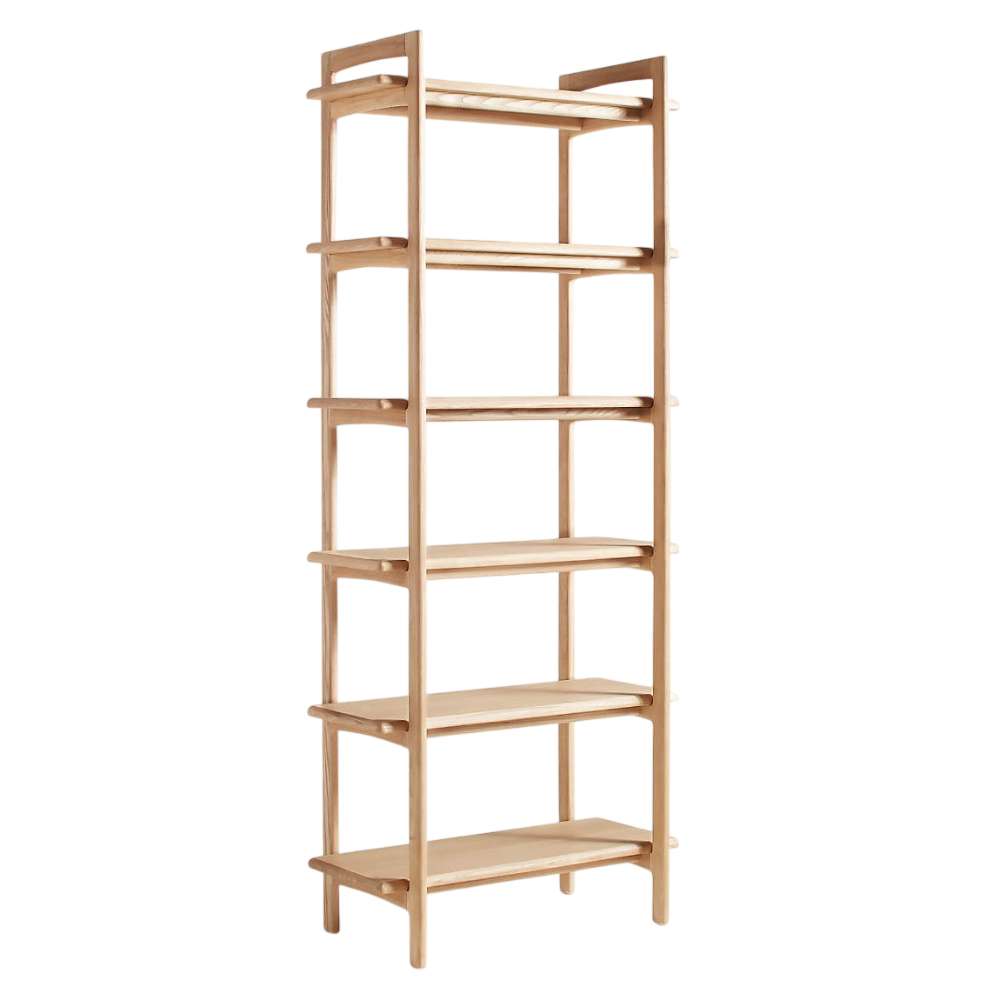 Angled front view of Crate & Barrel Elias Natural Elm Wood Open Bookcase showing its tall frame, six open shelves, and natural elm finish