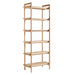 Angled front view of Crate & Barrel Elias Natural Elm Wood Open Bookcase showing its tall frame, six open shelves, and natural elm finish