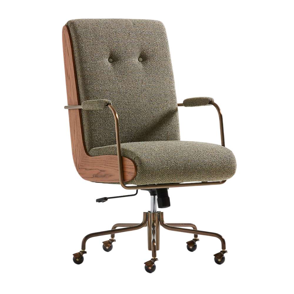Angled front view of Crate & Barrel Ellison Green Woven High-Back Office Chair featuring a cushioned seat, tall back, and metal arms