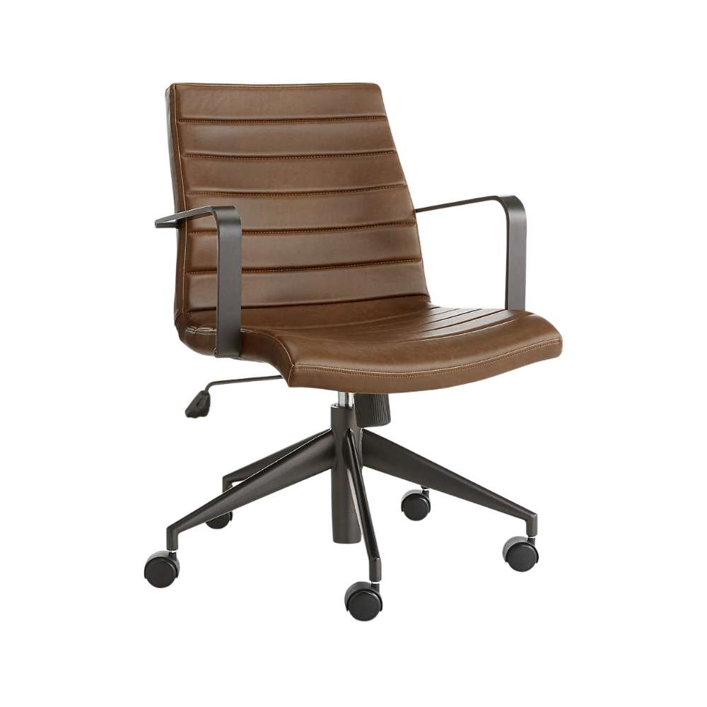 Angled front view of Crate & Barrel Graham Brown Office Chair with channel stitching and metal armrests