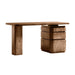 Angled front view of Crate & Barrel Greye 60" Burl Wood Desk with Swivel Drawers highlighting its modern silhouette and burl wood finish