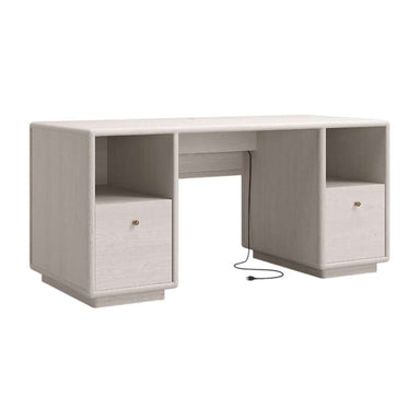 Angled front view of Crate & Barrel Lafayette 64" Whitewashed Desk with Outlets with closed drawers and visible power cord