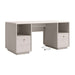 Angled front view of Crate & Barrel Lafayette 64" Whitewashed Desk with Outlets with closed drawers and visible power cord