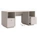 Angled front view of Crate & Barrel Lafayette 64" Whitewashed Desk with Outlets with one drawer pulled open