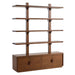 Angled front view of Crate & Barrel Steppe 68" Walnut Storage Bookcase Room Divider highlights four open shelves above a three-door storage cabinet