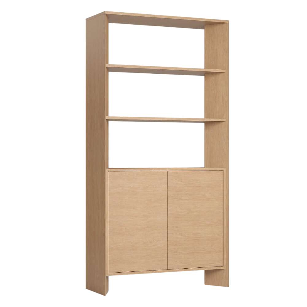 Angled front view of Crate & Barrel Terrazza 38" Natural Solid Oak Wood 2-Shelf Storage Bookcase Cabinet with two open shelves and a lower two-door cabinet