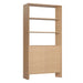 Angled front view of Crate & Barrel Terrazza 38" Natural Solid Oak Wood 2-Shelf Storage Bookcase Cabinet with two open shelves and a lower two-door cabinet